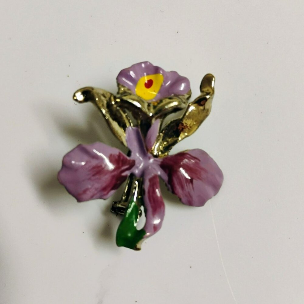 Vintage Enamel Flower Brooch, Purple Iris Metal Floral Jewelry Pin Gardener Gift